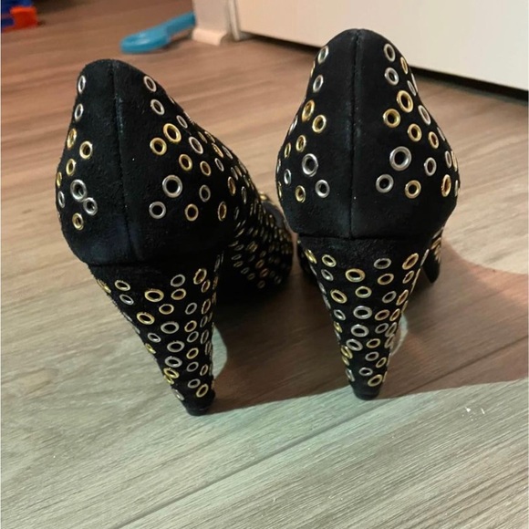 Prada Heels- Black Suede with Silver & Gold Os - Picture 3 of 4